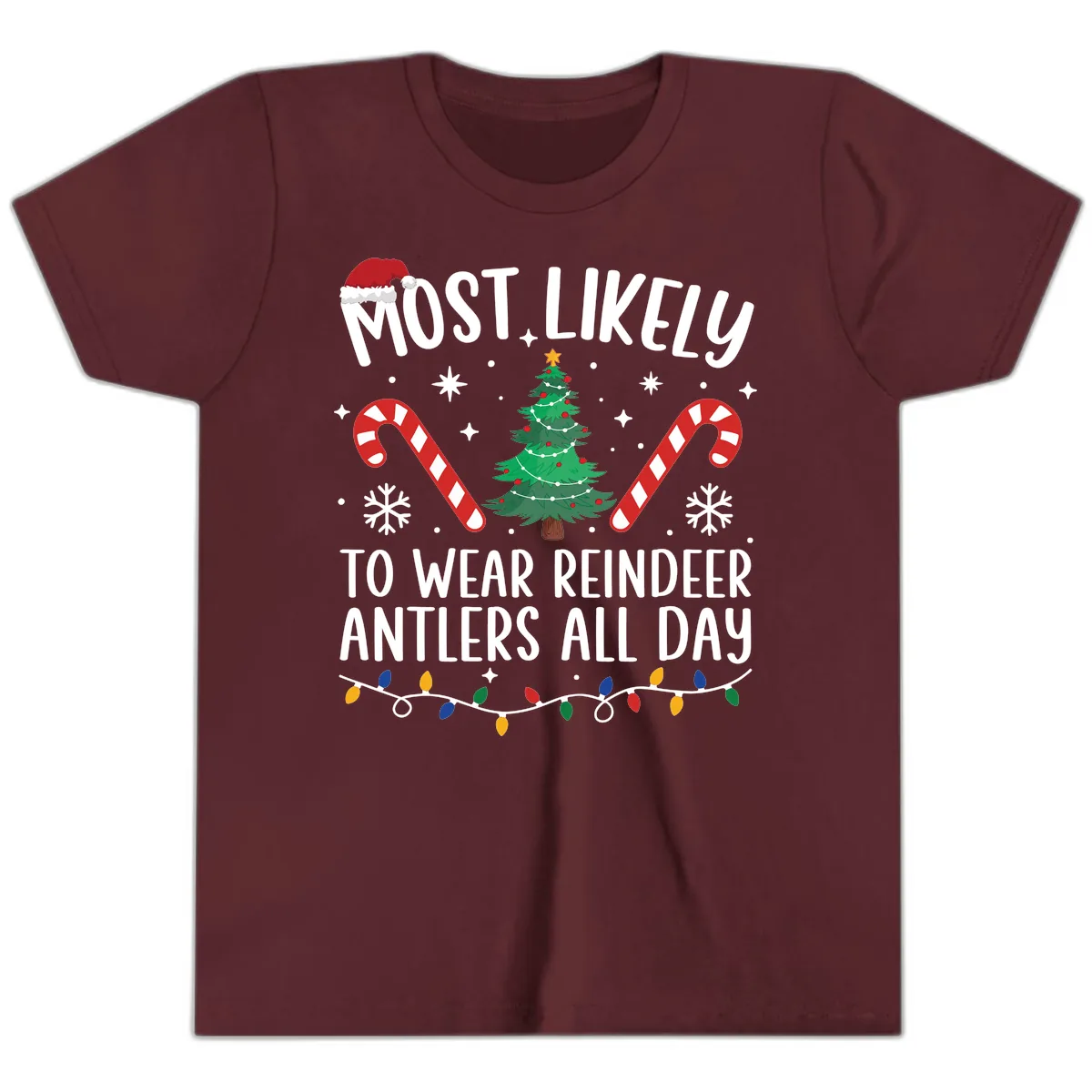 Most Likely To Wear Reindeer Antlers All Day Youth T-Shirt in Maroon